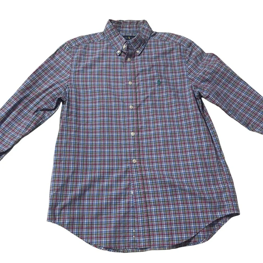 Ralph Lauren Boys Button Up Shirt Classic Blue Plaid Long Sleeve Youth Sz 14-16